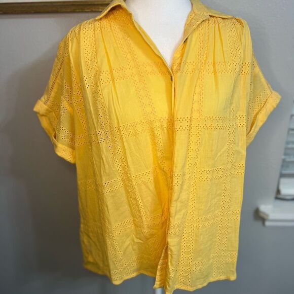 Sundance Tensift Eyelet Yellow Button Down Shirt Small Boho Oversized - Picture 2 of 12